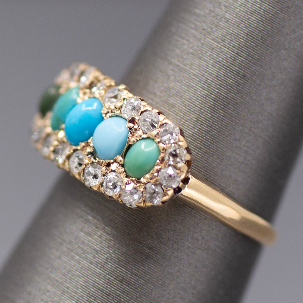 Victorian Shades of Turquoise and Old Cut Diamond Band Ring in 14k Yellow Gold