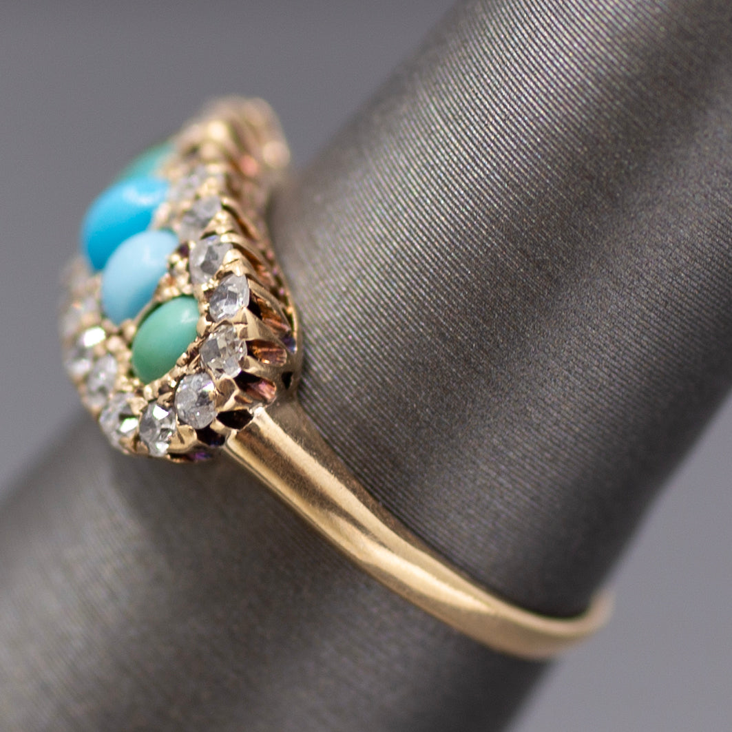 Victorian Shades of Turquoise and Old Cut Diamond Band Ring in 14k Yellow Gold