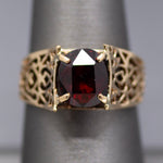 Vintage Garnet Pierced Band Solitaire Ring in 14k Yellow Gold