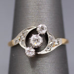 Edwardian Three Stone Old European and Rose Cut Diamond Ring in 18k White and Yellow Gold
