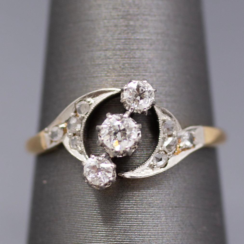 Edwardian Three Stone Old European and Rose Cut Diamond Ring in 18k White and Yellow Gold