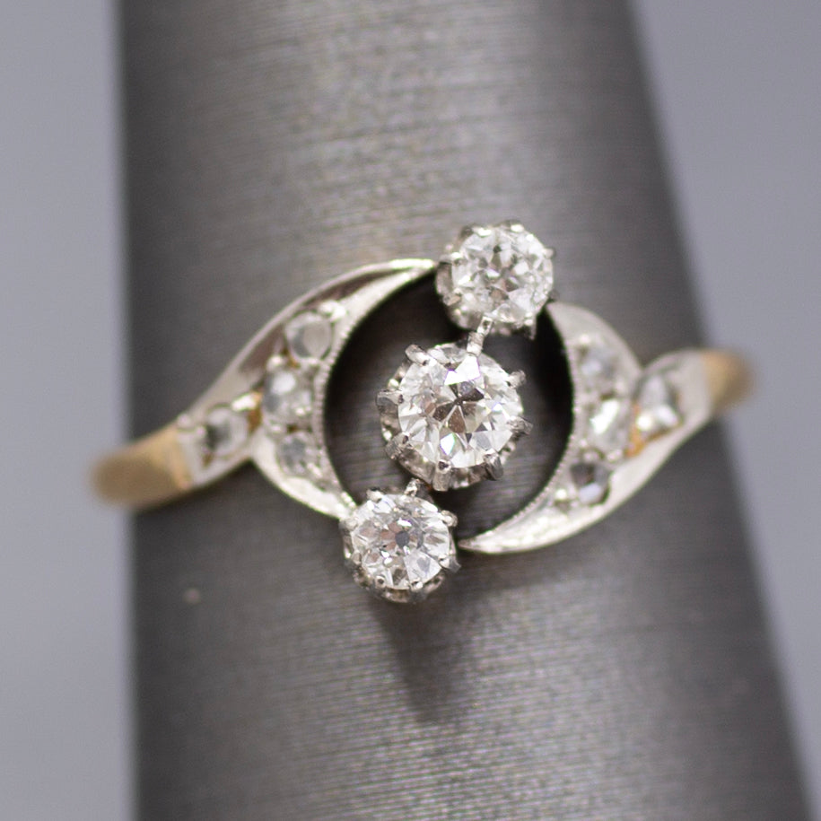 Edwardian Three Stone Old European and Rose Cut Diamond Ring in 18k White and Yellow Gold