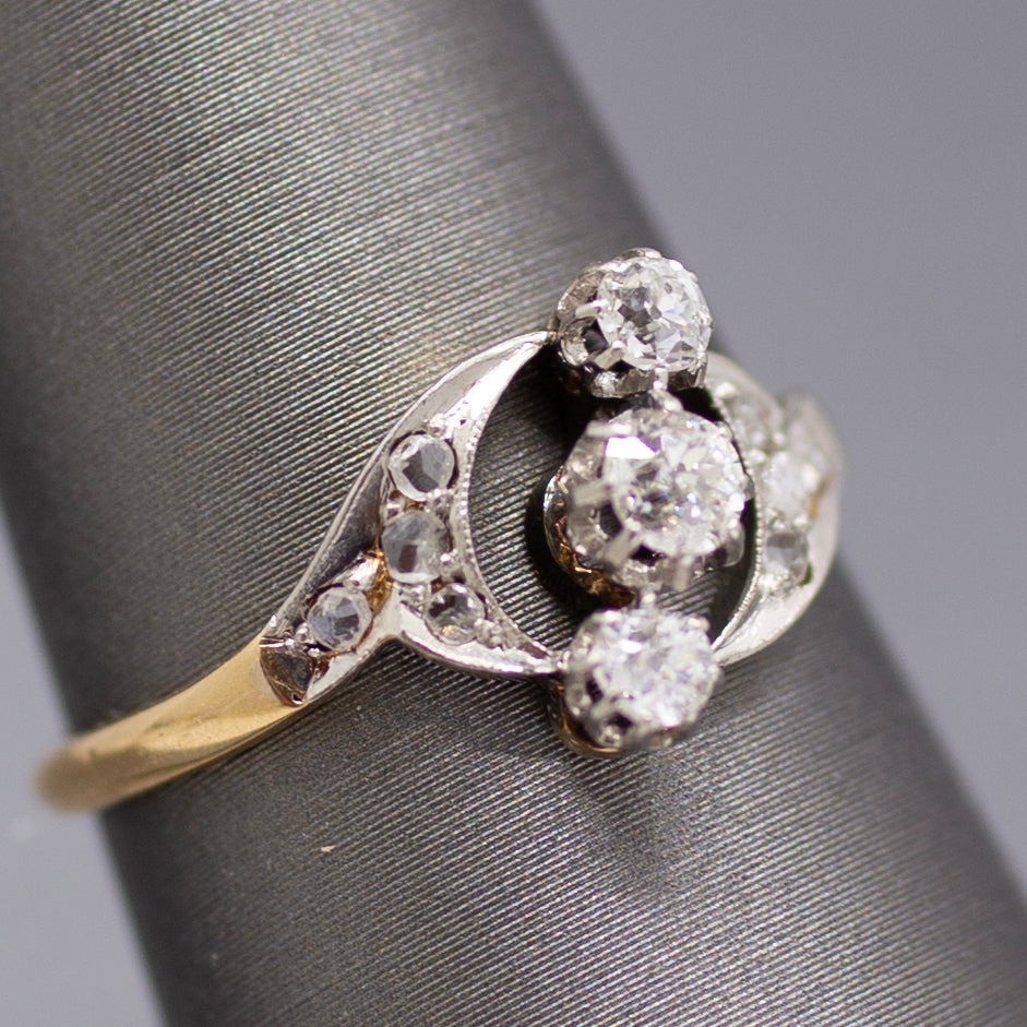 Edwardian Three Stone Old European and Rose Cut Diamond Ring in 18k White and Yellow Gold