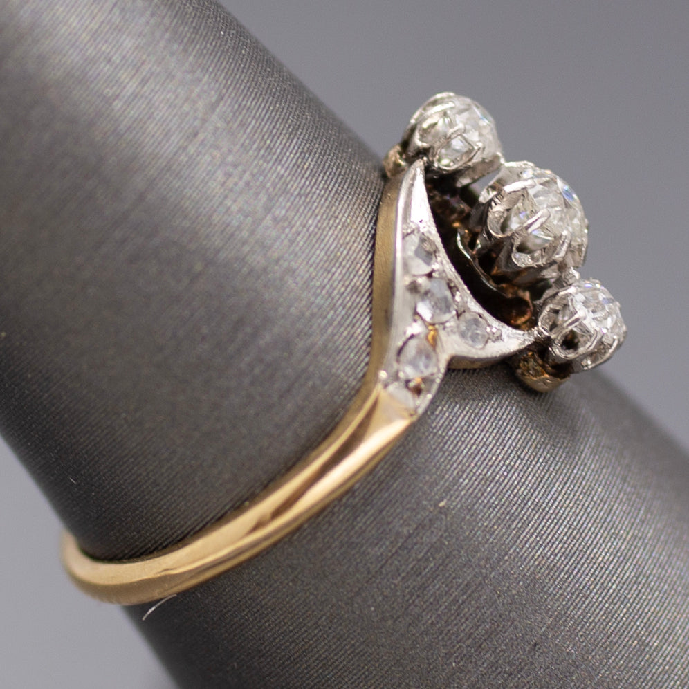 Edwardian Three Stone Old European and Rose Cut Diamond Ring in 18k White and Yellow Gold