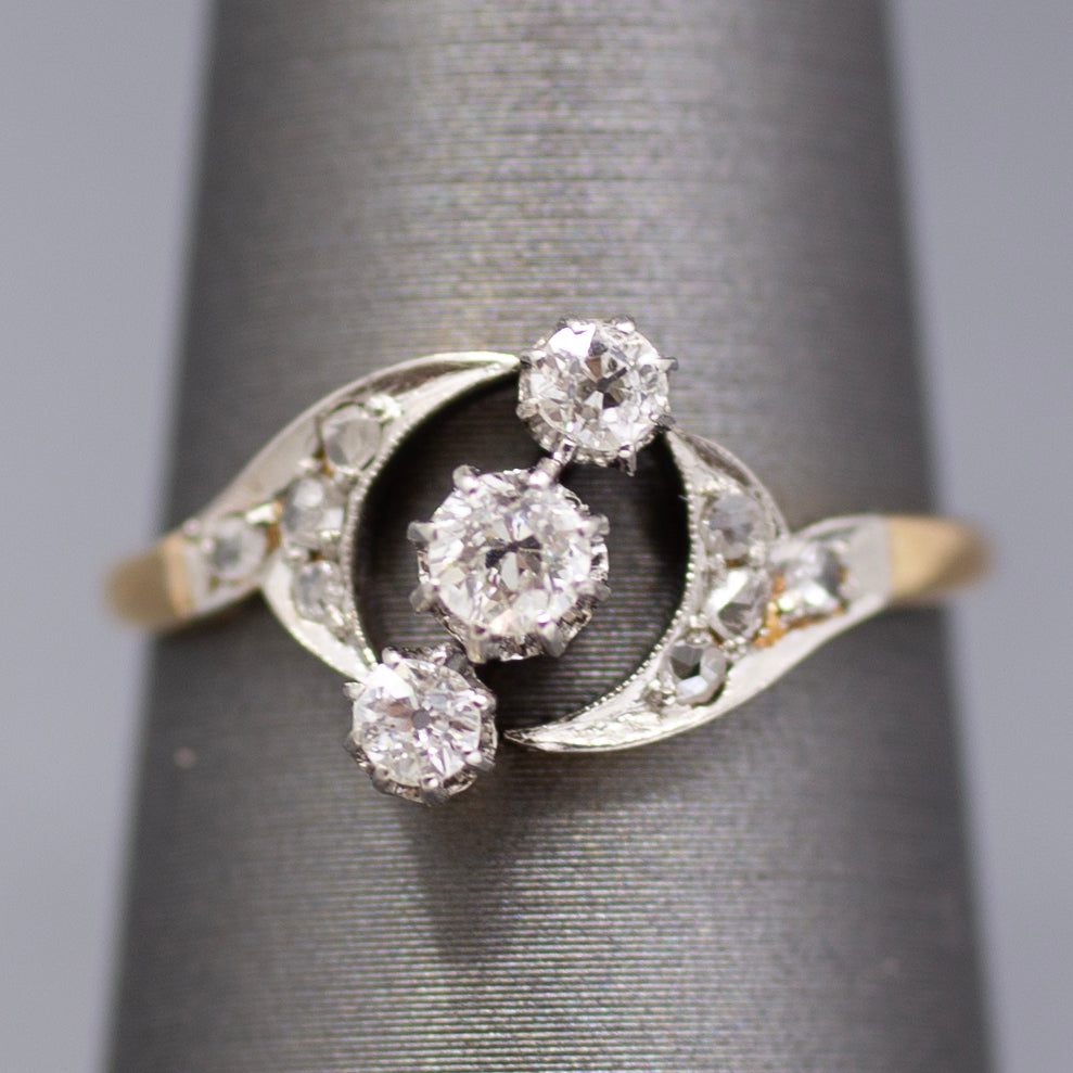 Edwardian Three Stone Old European and Rose Cut Diamond Ring in 18k White and Yellow Gold