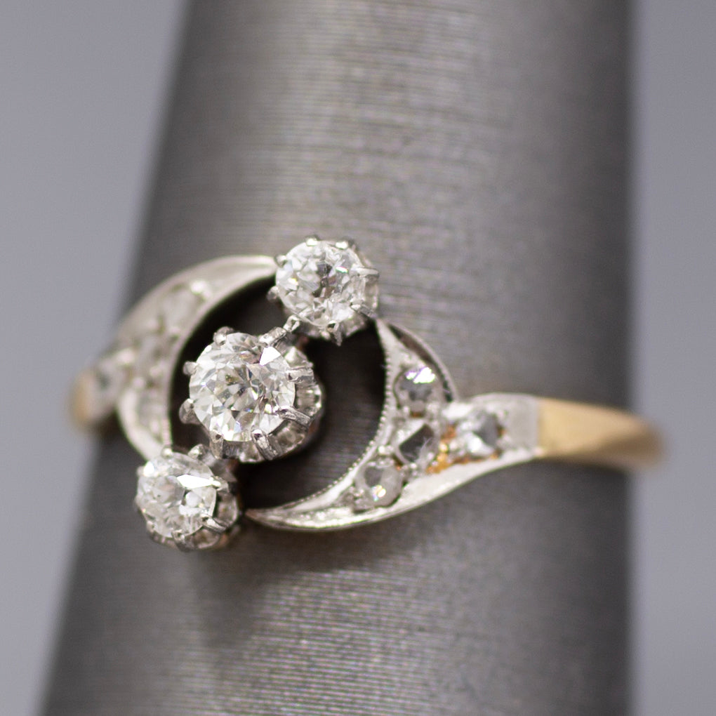 Edwardian Three Stone Old European and Rose Cut Diamond Ring in 18k White and Yellow Gold