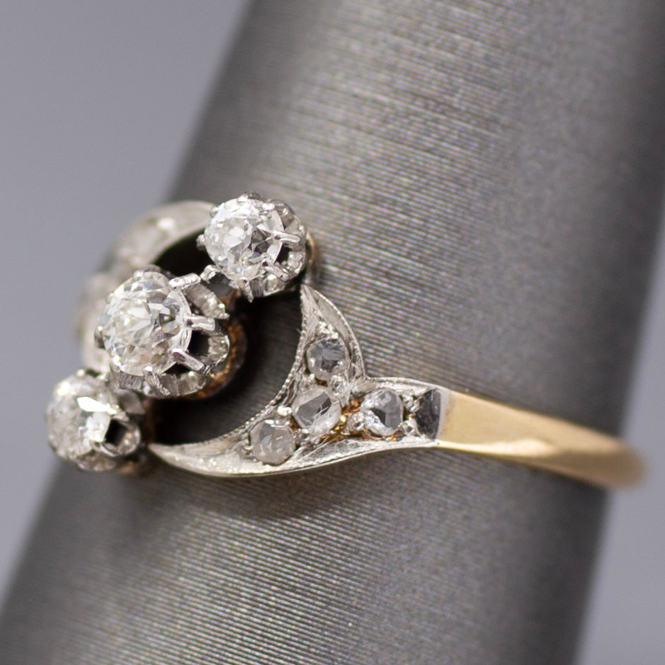 Edwardian Three Stone Old European and Rose Cut Diamond Ring in 18k White and Yellow Gold