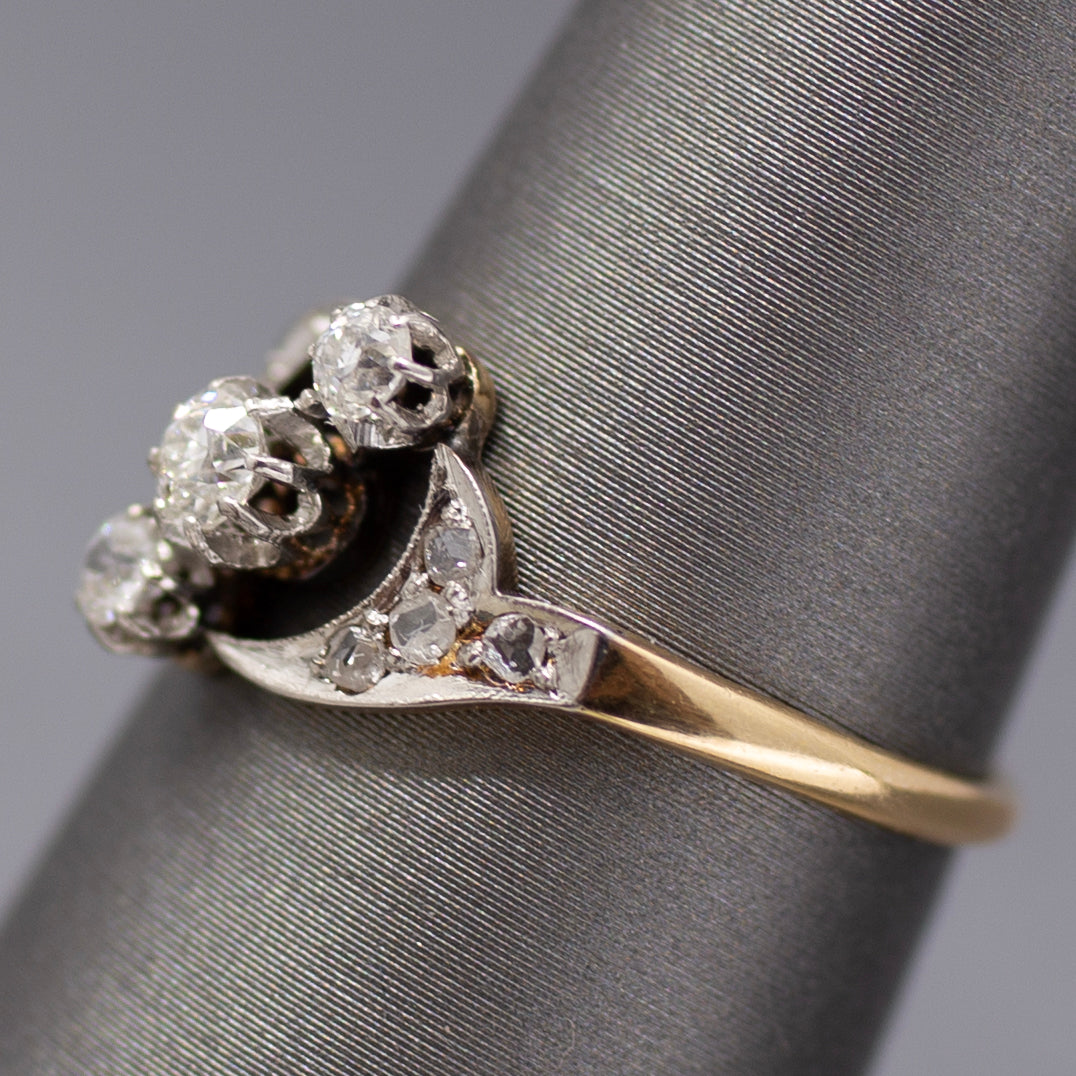 Edwardian Three Stone Old European and Rose Cut Diamond Ring in 18k White and Yellow Gold