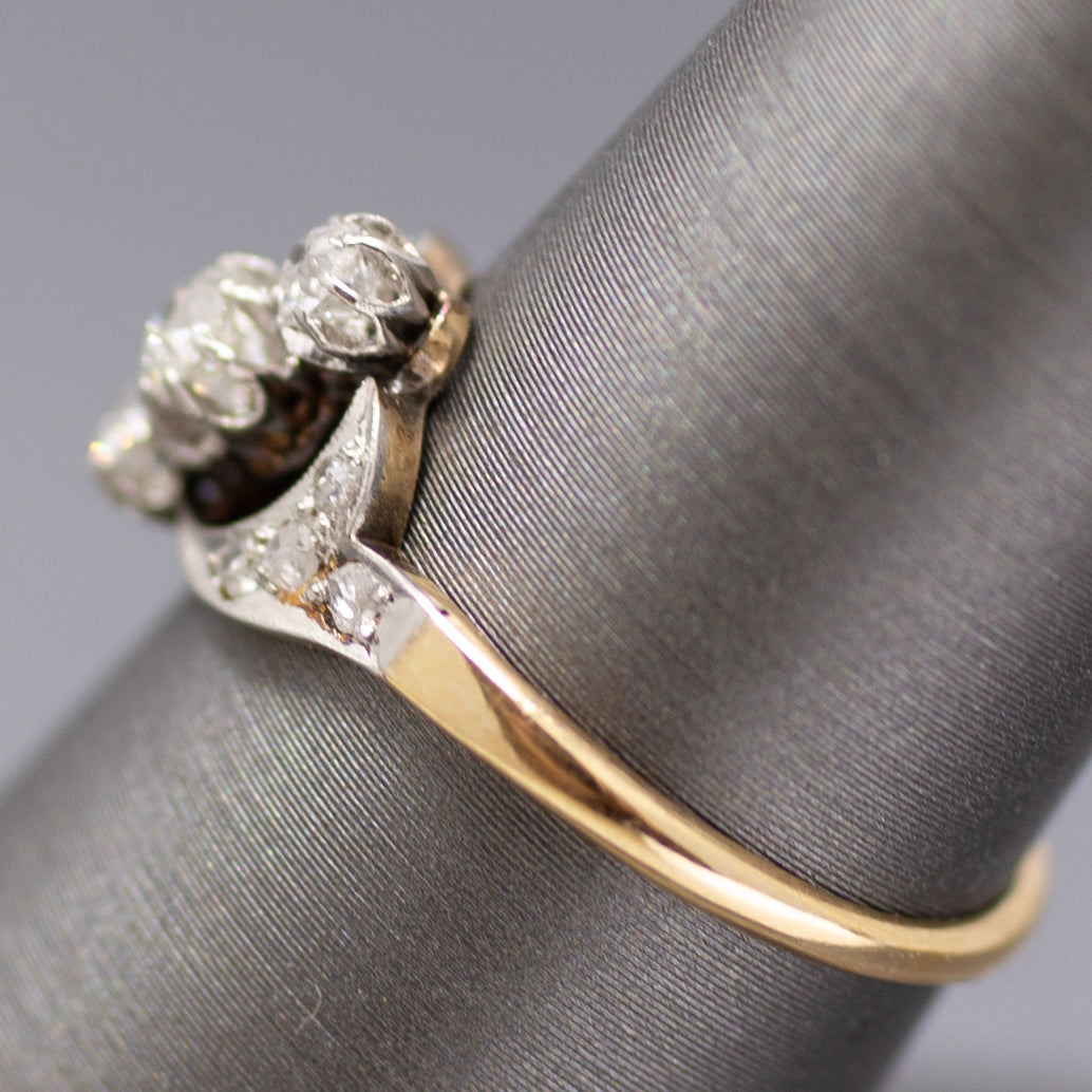 Edwardian Three Stone Old European and Rose Cut Diamond Ring in 18k White and Yellow Gold