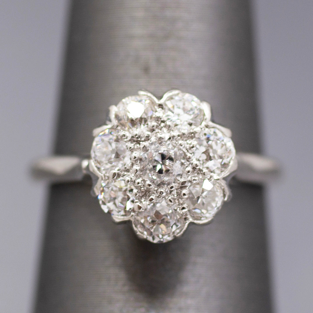 Art Deco Old European Cut Diamond Daisy Cluster Ring in Platinum
