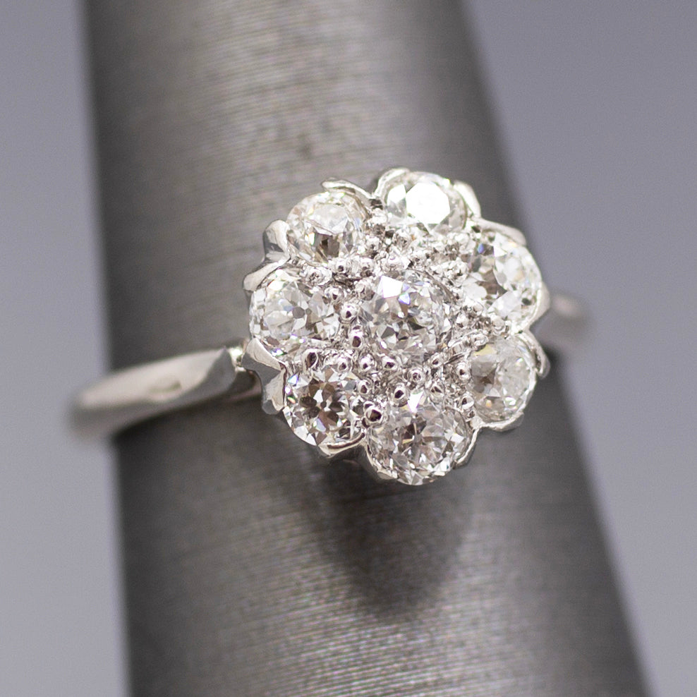 Art Deco Old European Cut Diamond Daisy Cluster Ring in Platinum
