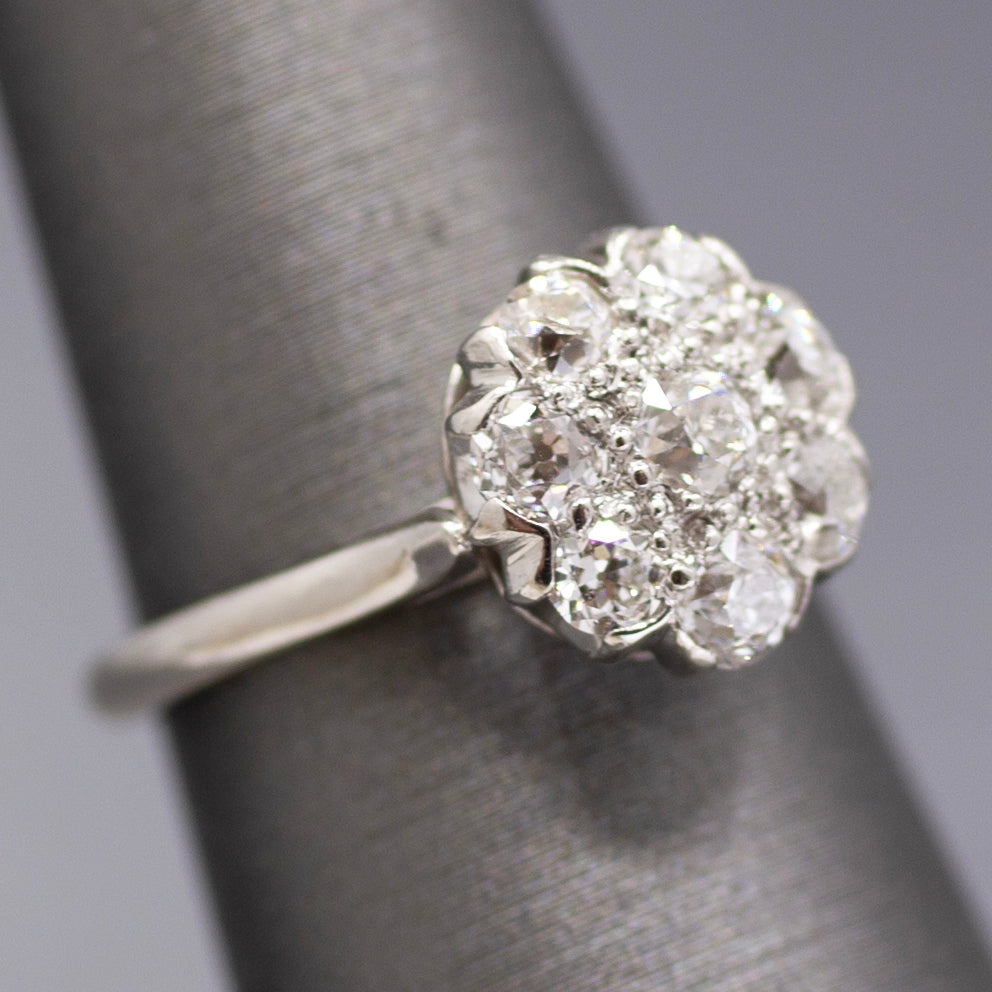 Art Deco Old European Cut Diamond Daisy Cluster Ring in Platinum