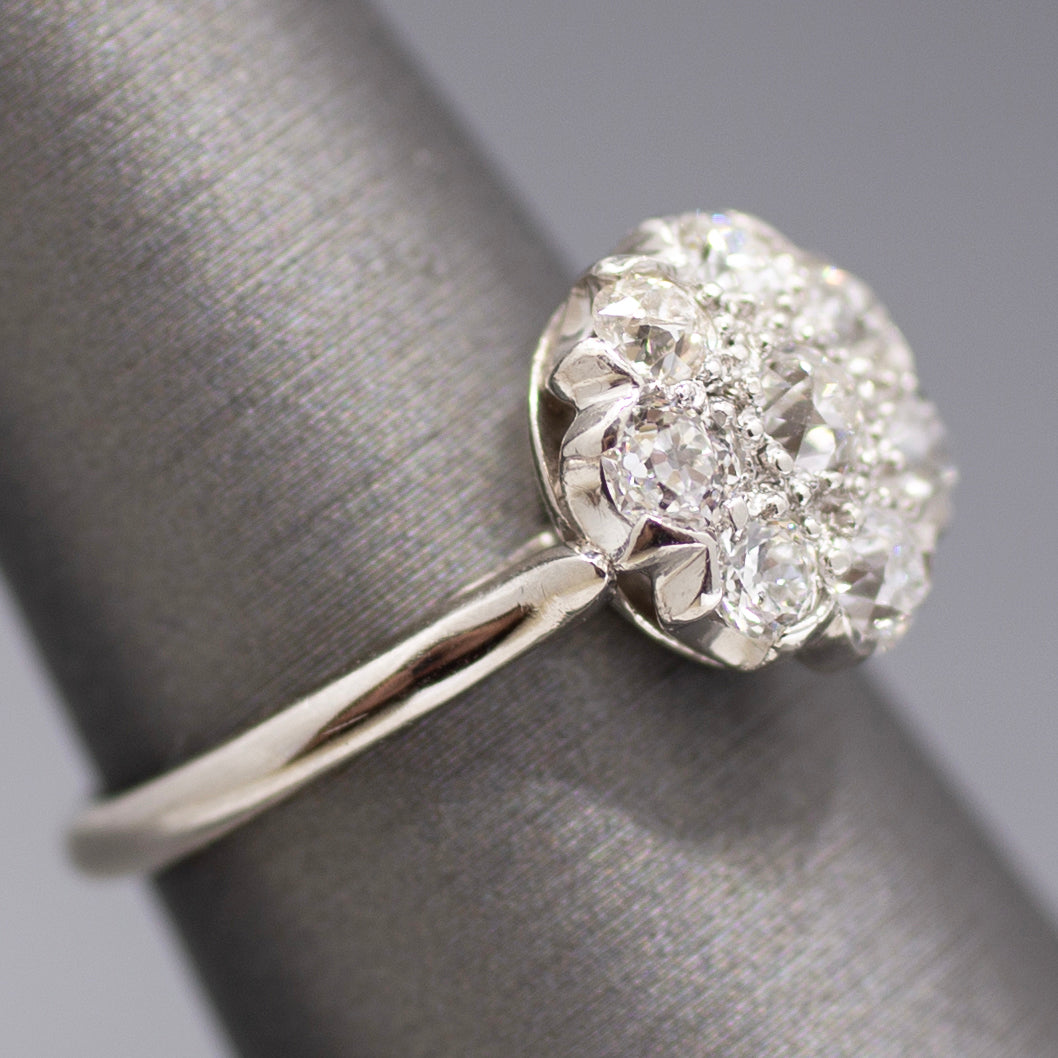Art Deco Old European Cut Diamond Daisy Cluster Ring in Platinum