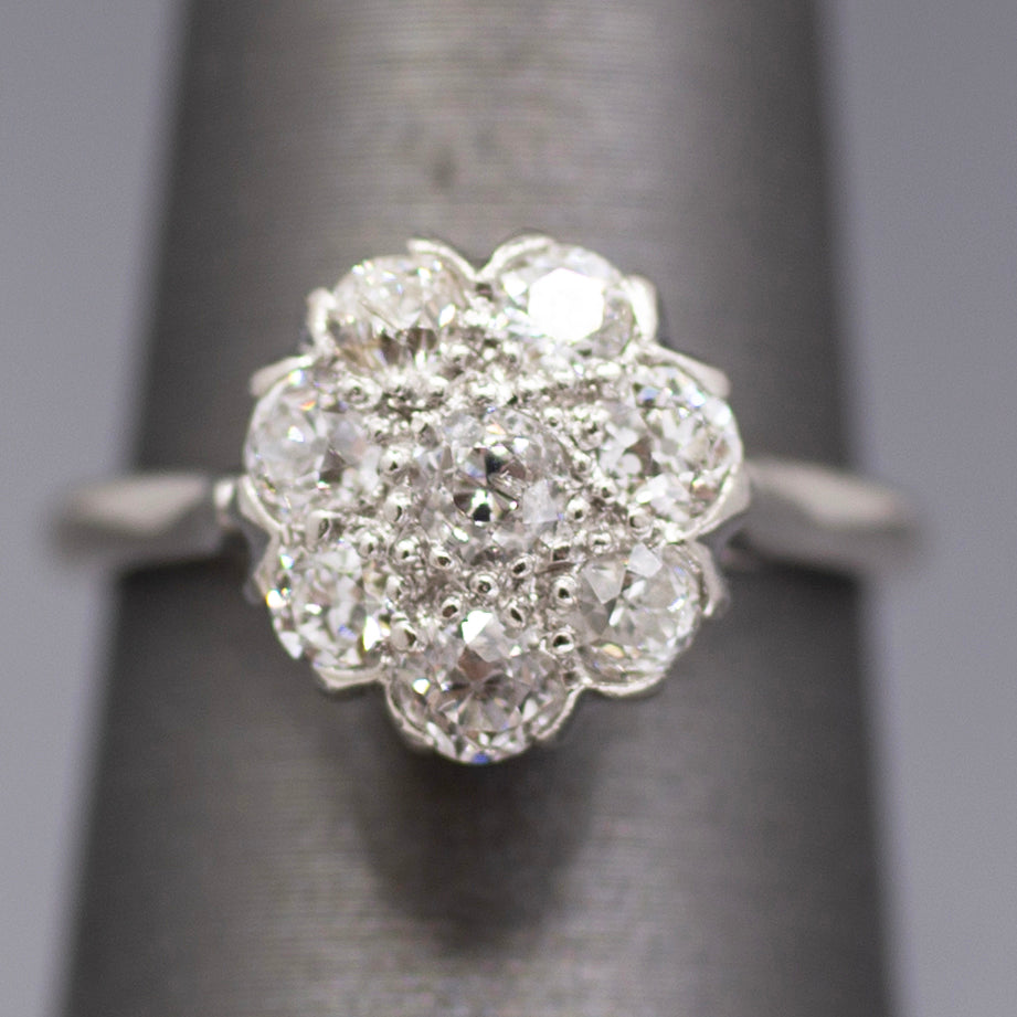 Art Deco Old European Cut Diamond Daisy Cluster Ring in Platinum