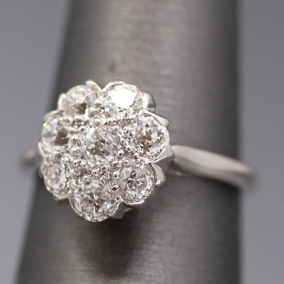 Art Deco Old European Cut Diamond Daisy Cluster Ring in Platinum