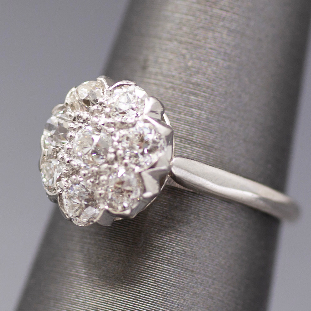 Art Deco Old European Cut Diamond Daisy Cluster Ring in Platinum
