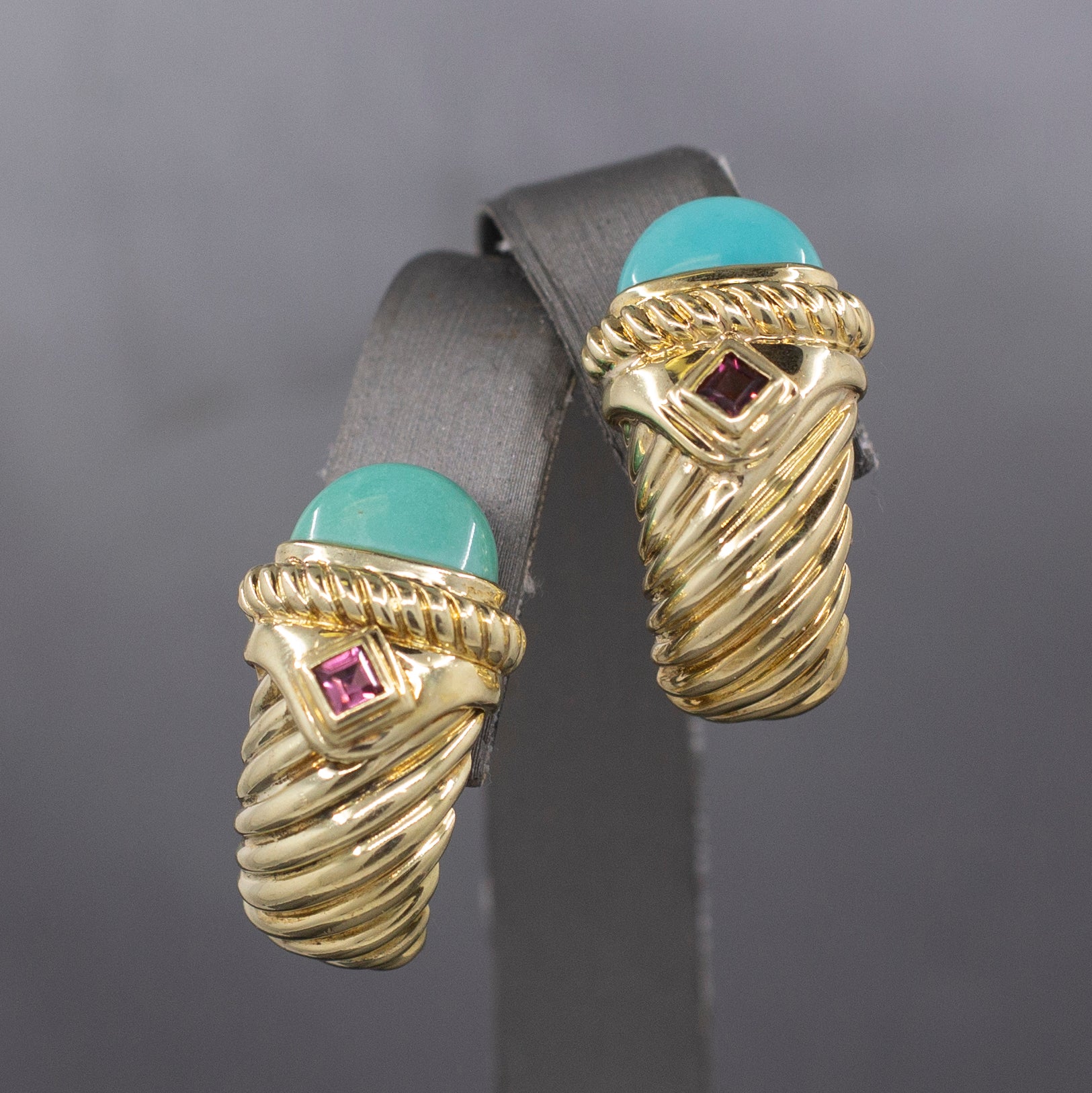 Vintage David Yurman Turquoise and Tourmaline Renaissance Earrings in 14k Yellow Gold