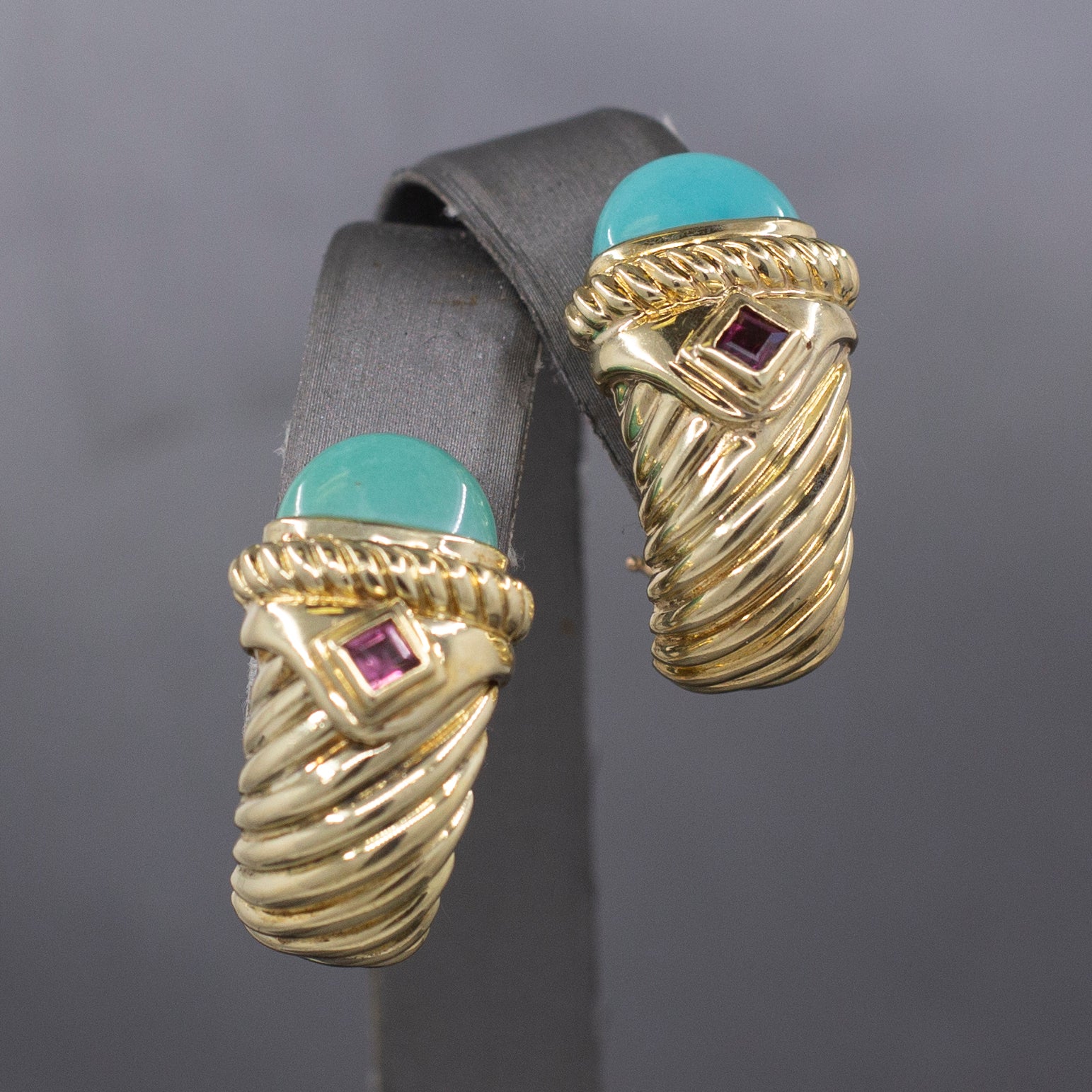Vintage David Yurman Turquoise and Tourmaline Renaissance Earrings in 14k Yellow Gold