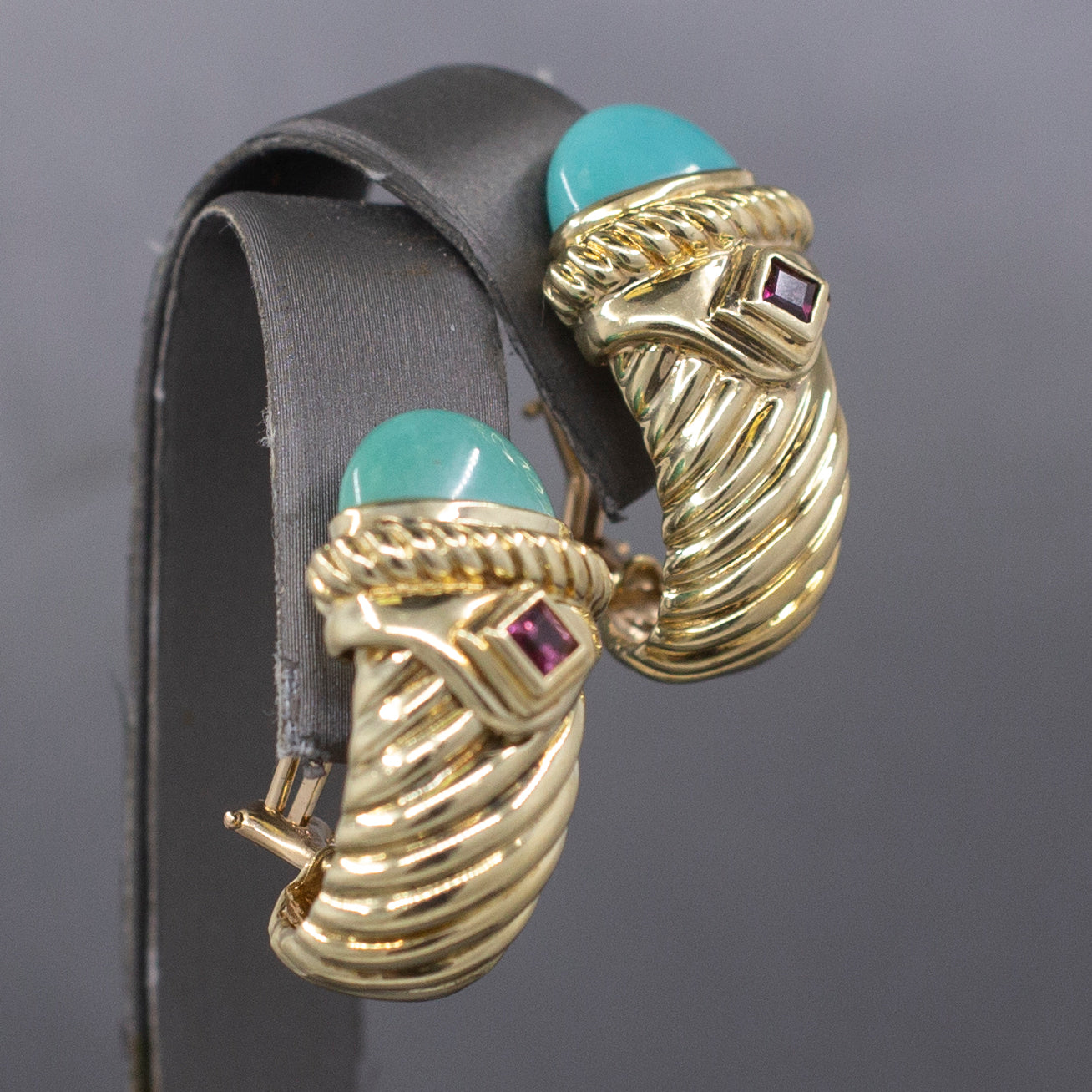 Vintage David Yurman Turquoise and Tourmaline Renaissance Earrings in 14k Yellow Gold