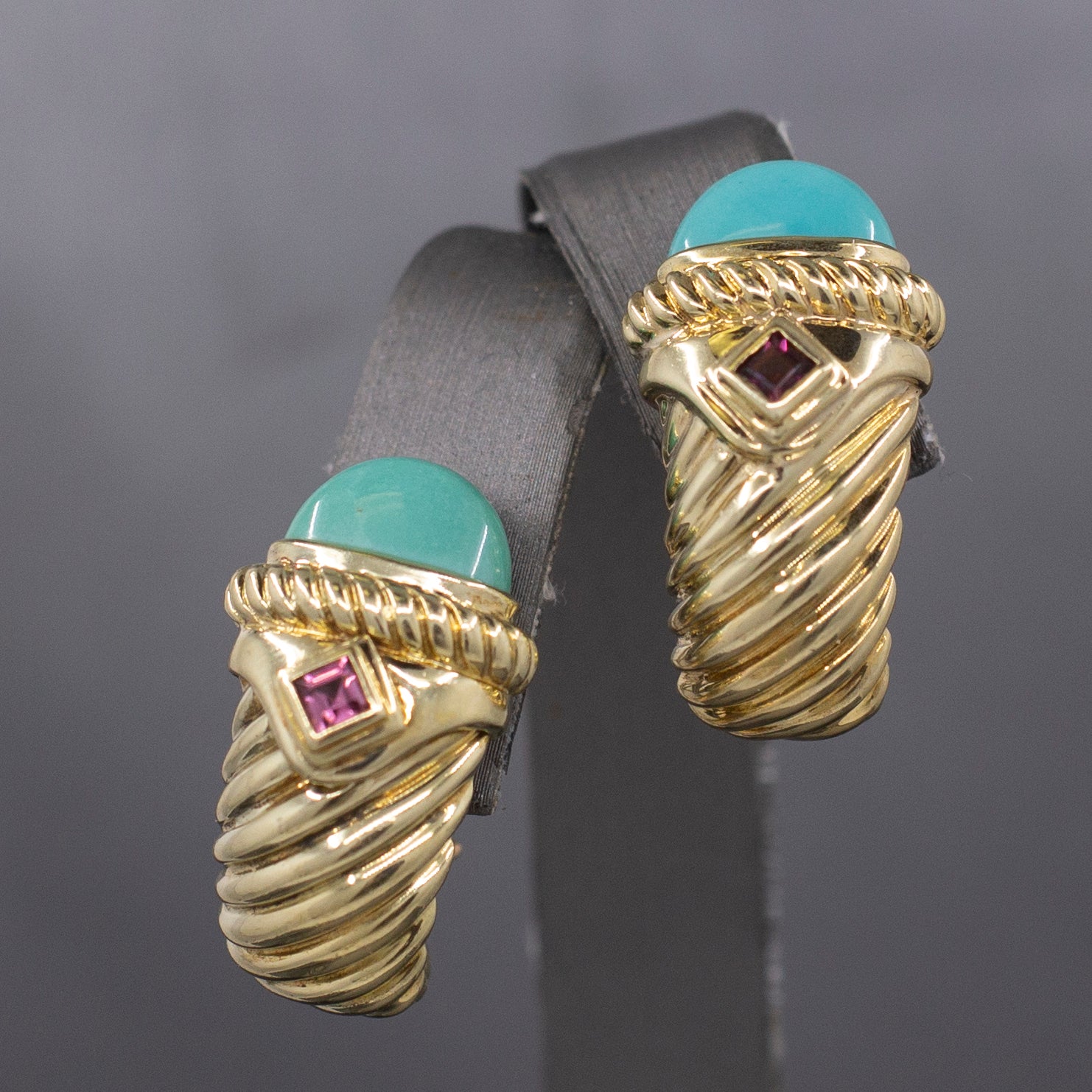 Vintage David Yurman Turquoise and Tourmaline Renaissance Earrings in 14k Yellow Gold