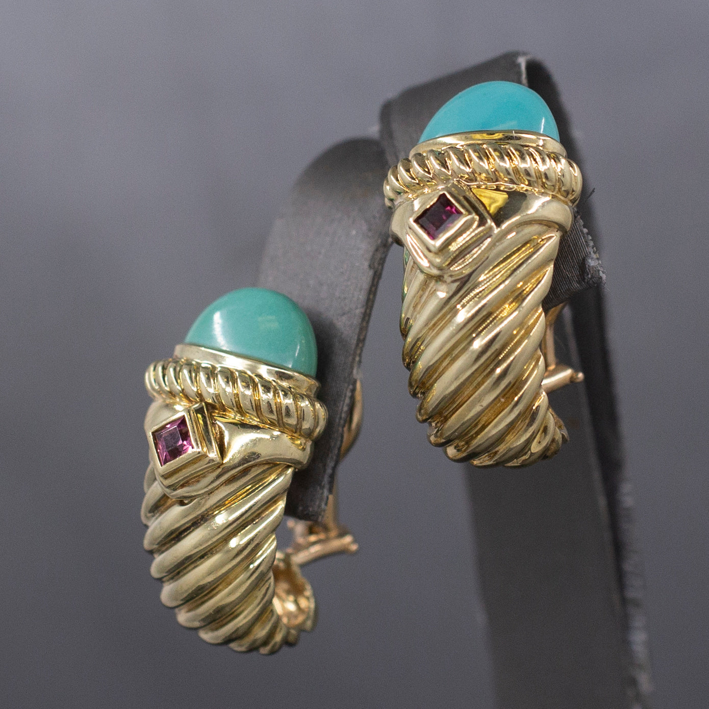 Vintage David Yurman Turquoise and Tourmaline Renaissance Earrings in 14k Yellow Gold