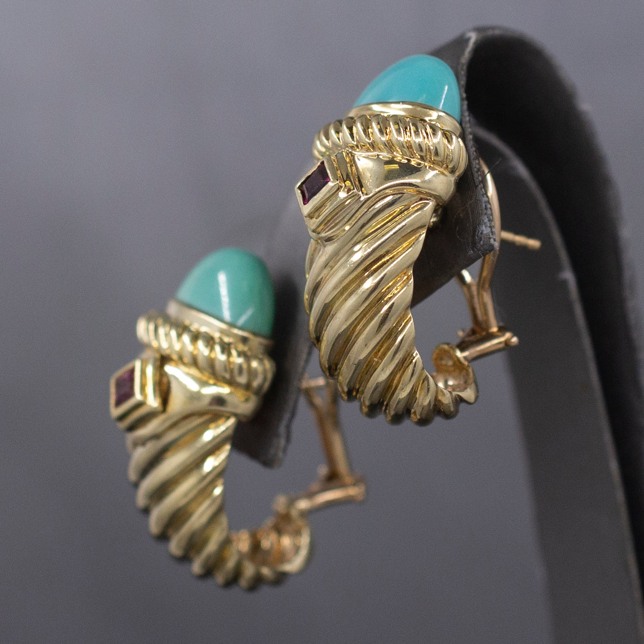 Vintage David Yurman Turquoise and Tourmaline Renaissance Earrings in 14k Yellow Gold
