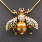 Exquisite Diamond Ruby and Enamel Articulated Bee Pendant in 18k Yellow Gold
