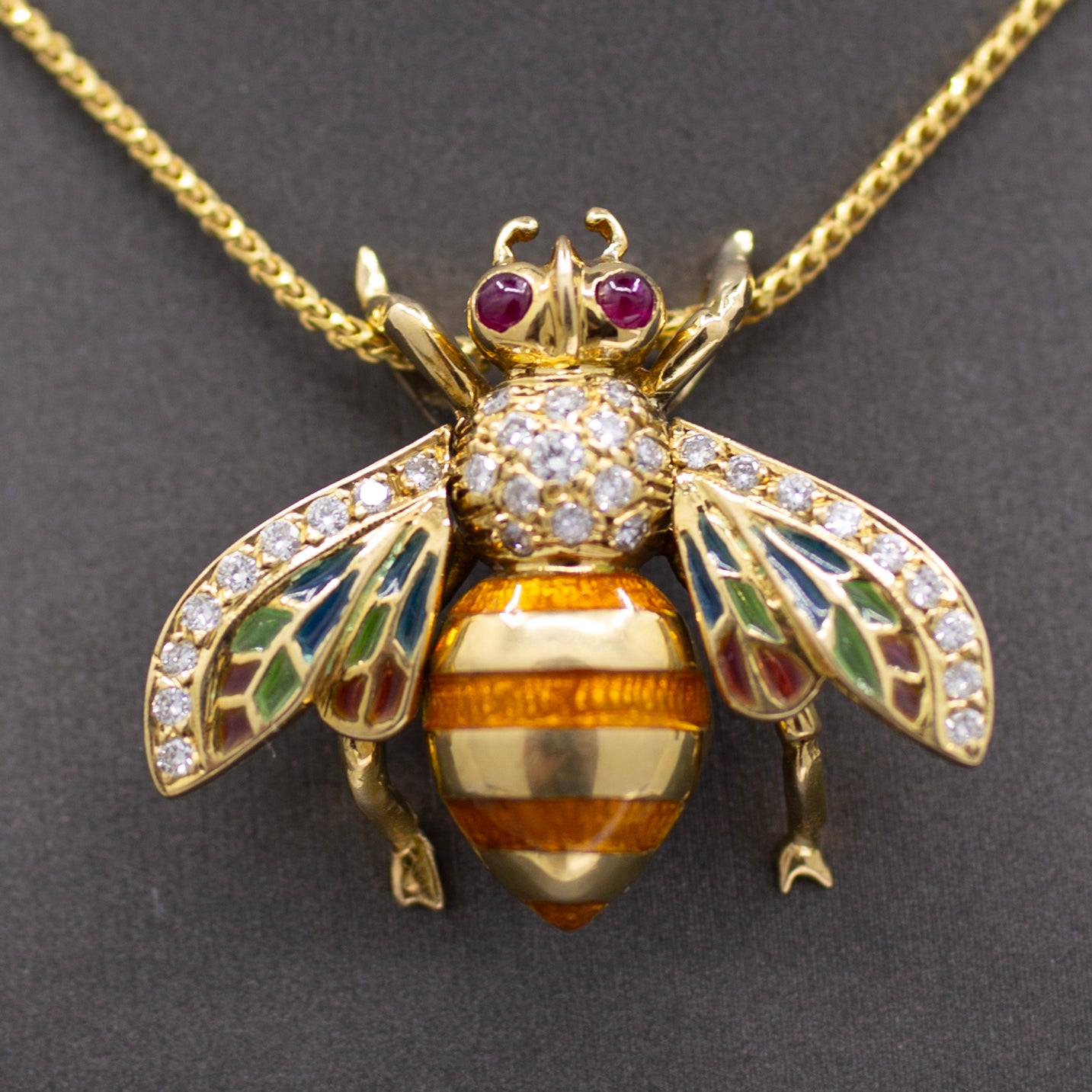 Exquisite Diamond Ruby and Enamel Articulated Bee Pendant in 18k Yellow Gold