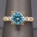 Vintage 1940s Blue Zircon and Diamond Ring in 14k Yellow Gold