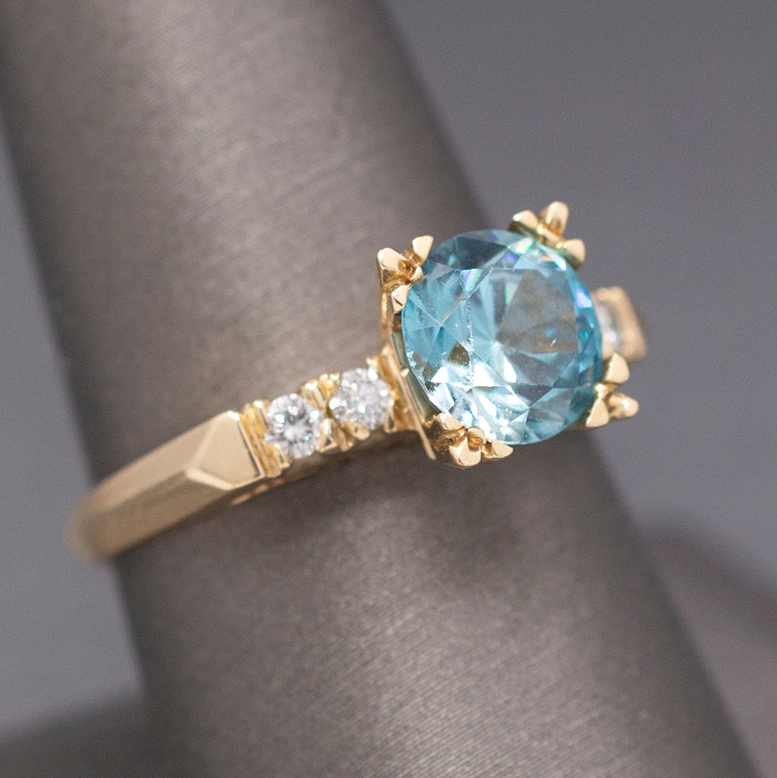 Vintage 1940s Blue Zircon and Diamond Ring in 14k Yellow Gold