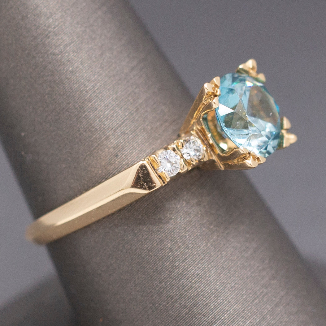 Vintage 1940s Blue Zircon and Diamond Ring in 14k Yellow Gold