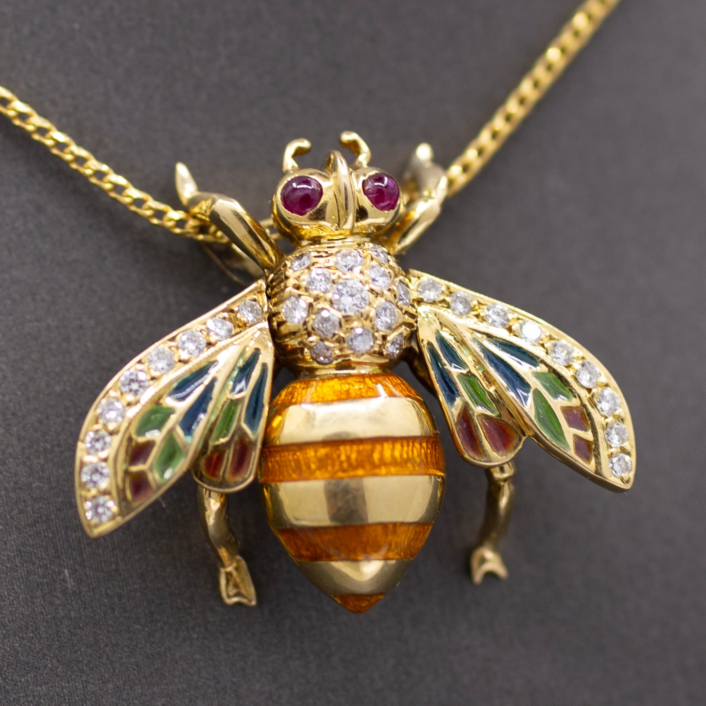 Exquisite Diamond Ruby and Enamel Articulated Bee Pendant in 18k Yellow Gold