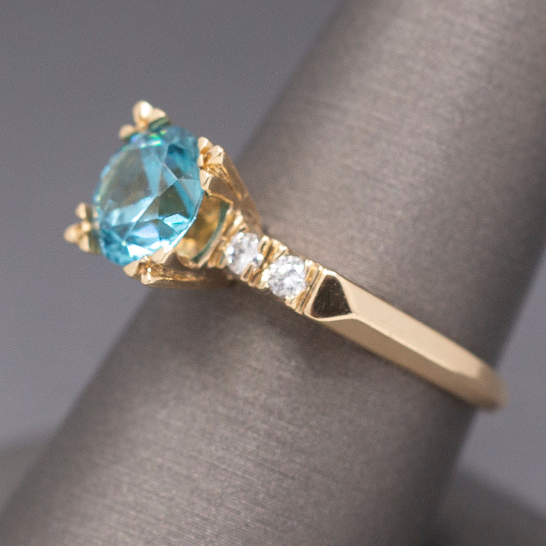 Vintage 1940s Blue Zircon and Diamond Ring in 14k Yellow Gold