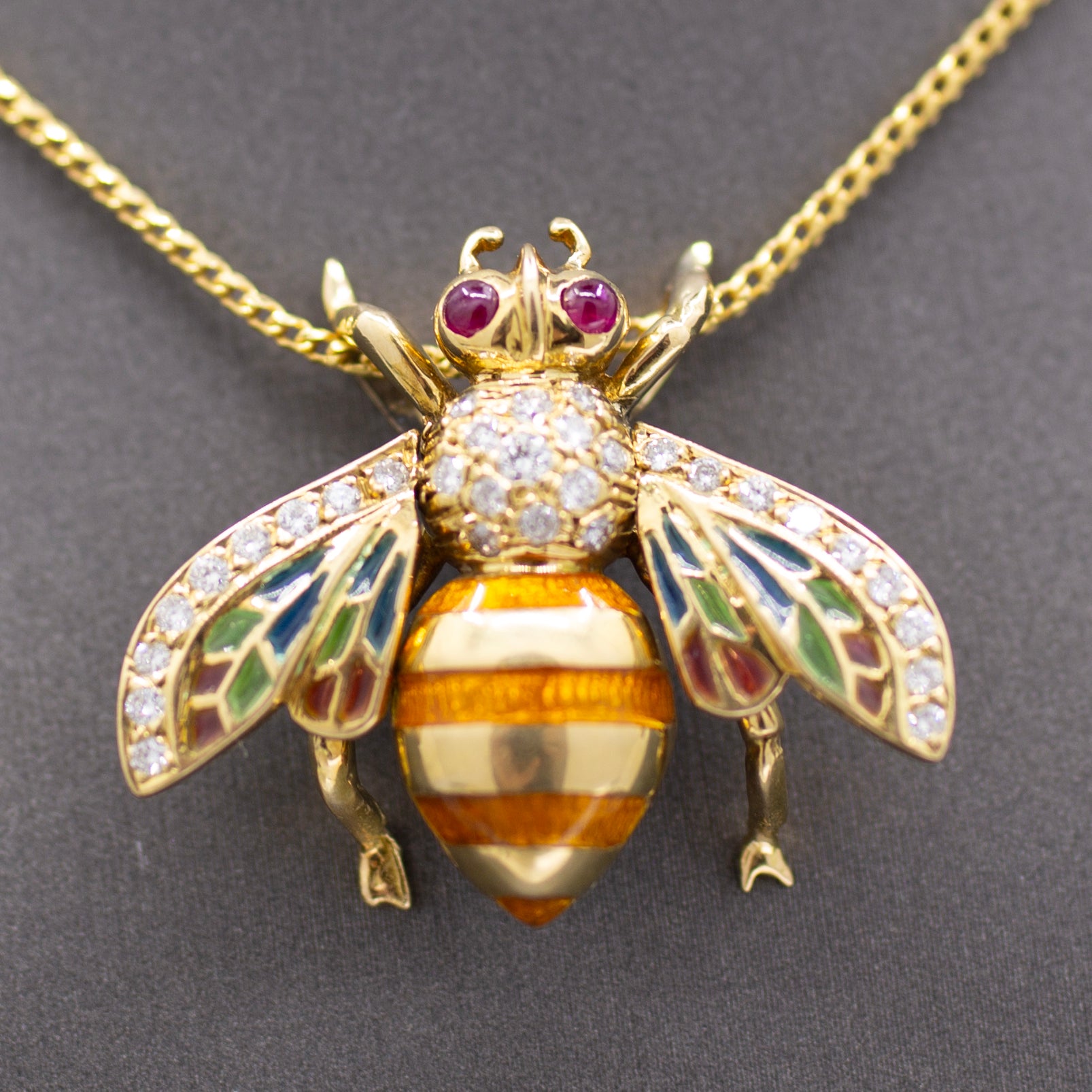 Exquisite Diamond Ruby and Enamel Articulated Bee Pendant in 18k Yellow Gold