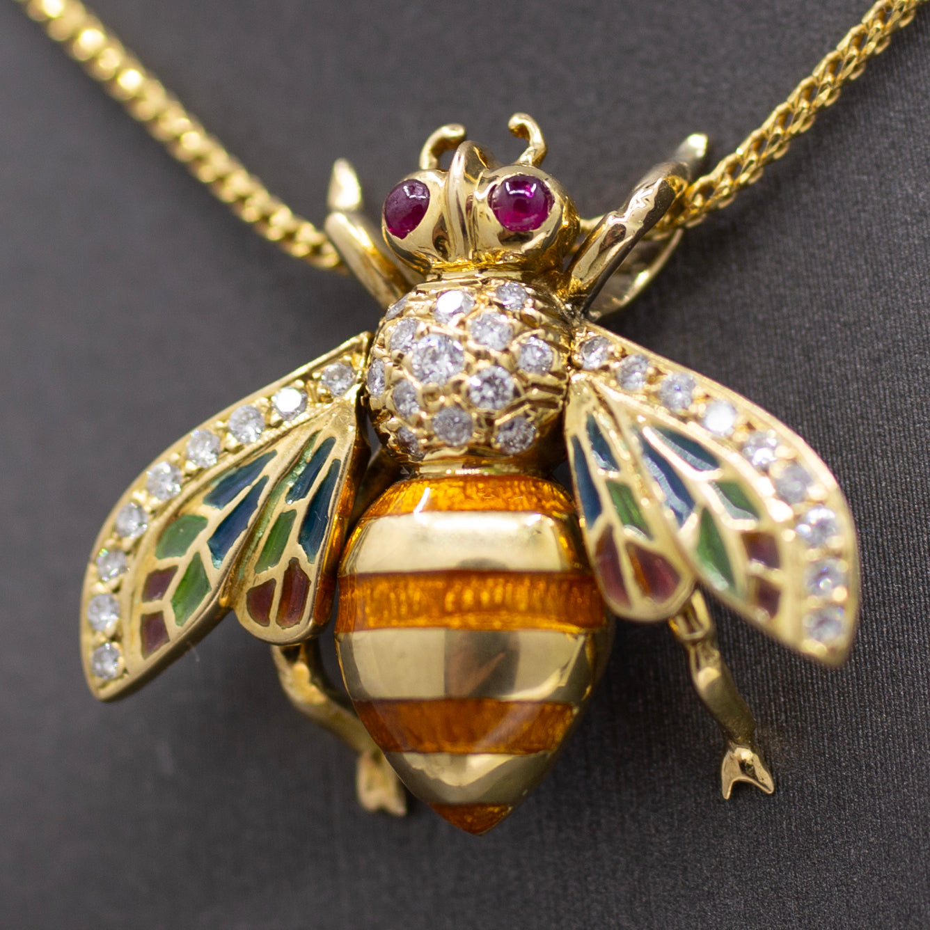 Exquisite Diamond Ruby and Enamel Articulated Bee Pendant in 18k Yellow Gold
