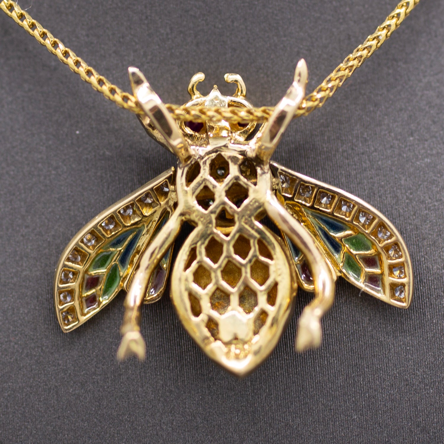 Exquisite Diamond Ruby and Enamel Articulated Bee Pendant in 18k Yellow Gold