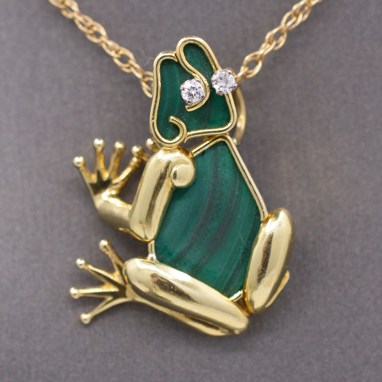 Darling Figural Frog Pendant with Malachite and Diamonds in 18k Yellow Gold