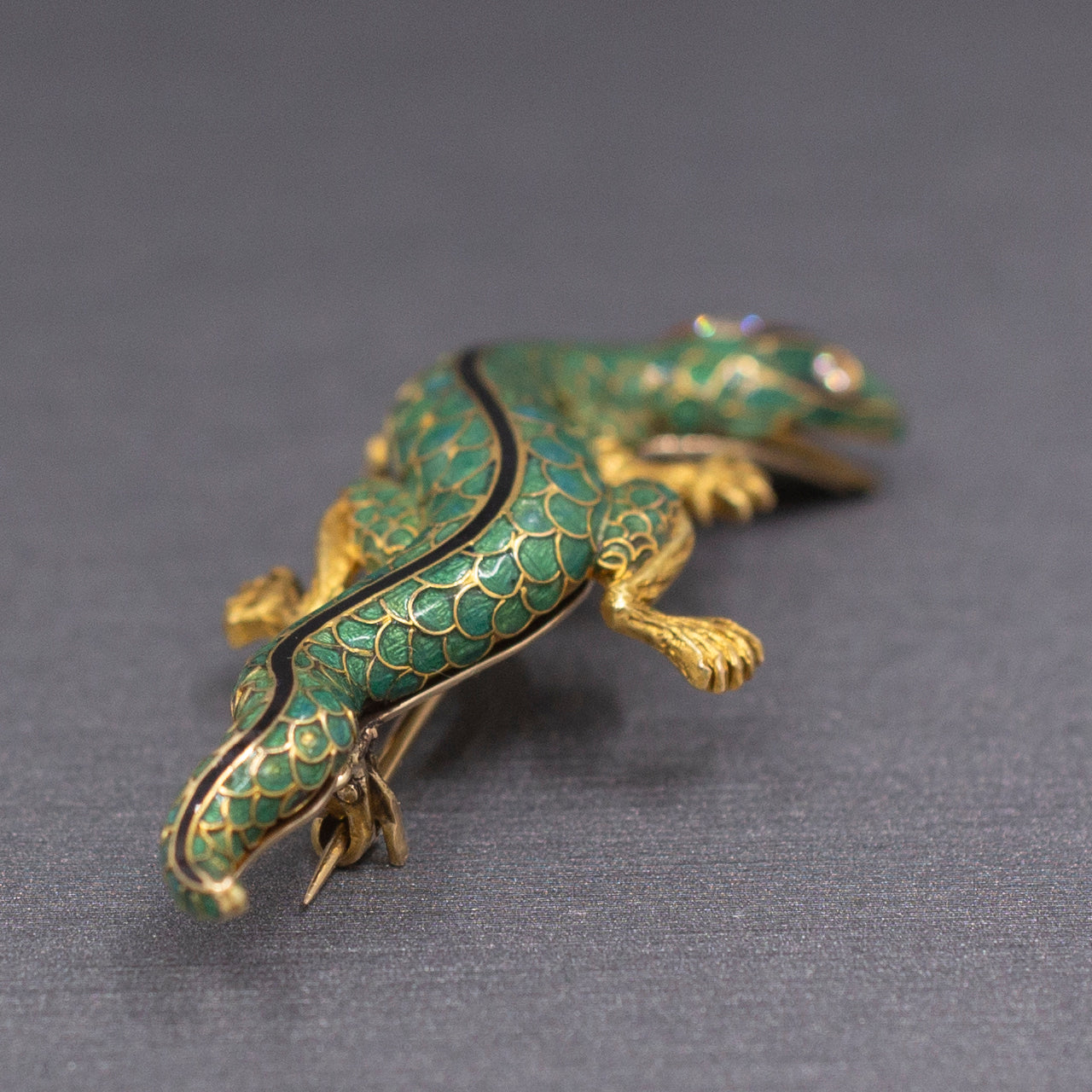 Antique Victorian Gecko Lizard Brooch Pin in Enamel and Old Cut Diamonds 14k