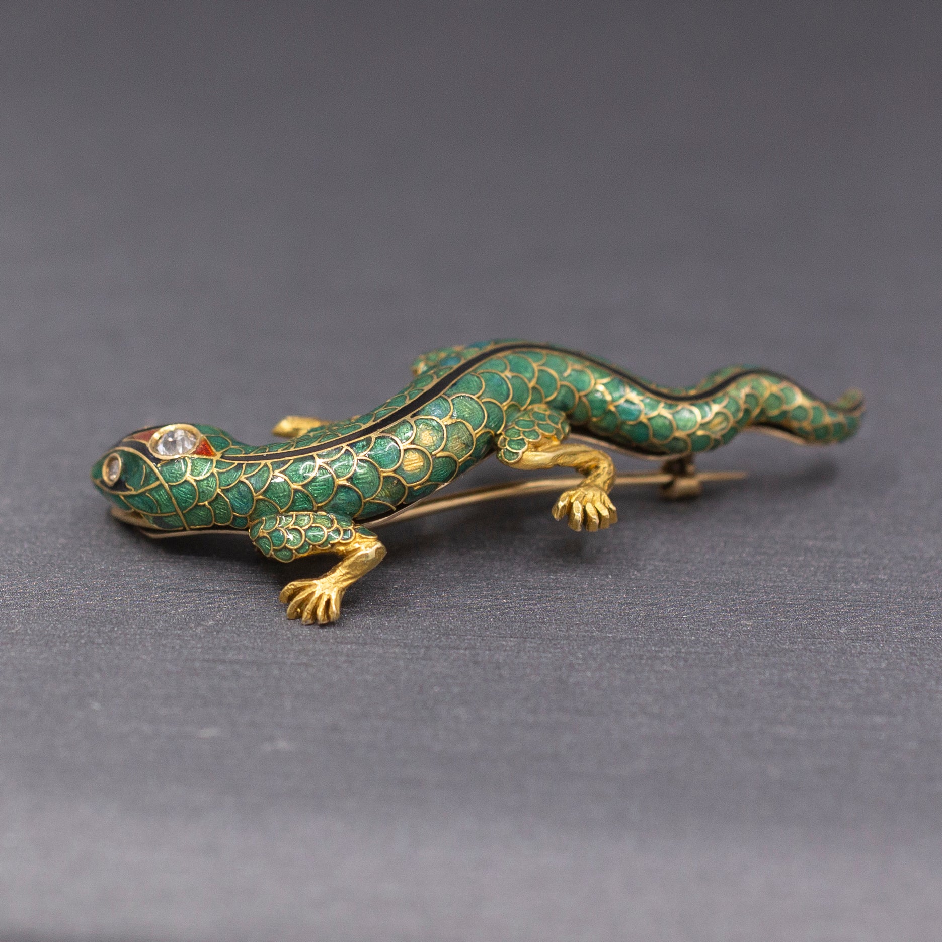 Antique Victorian Gecko Lizard Brooch Pin in Enamel and Old Cut Diamonds 14k