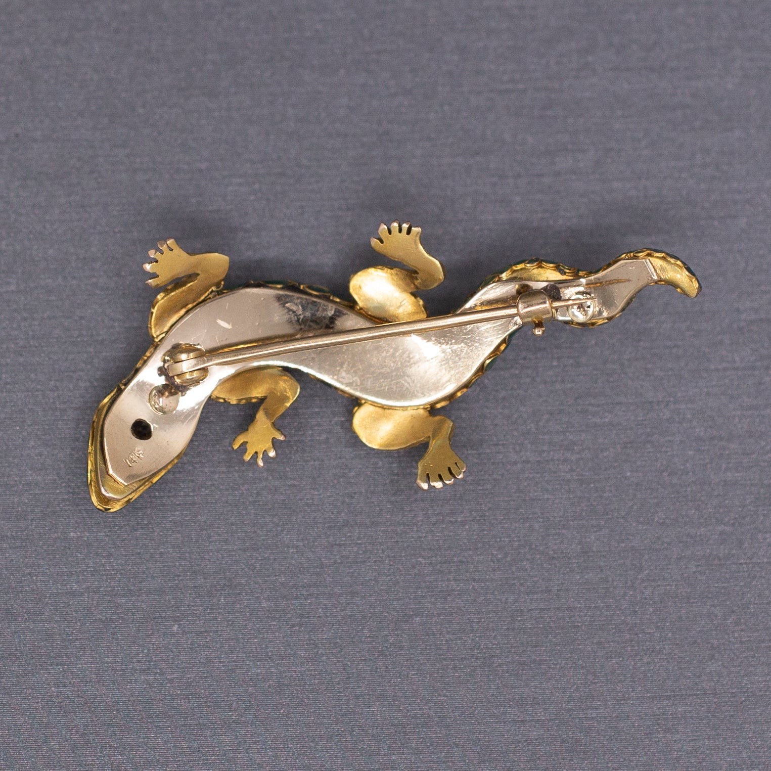 Antique Victorian Gecko Lizard Brooch Pin in Enamel and Old Cut Diamonds 14k