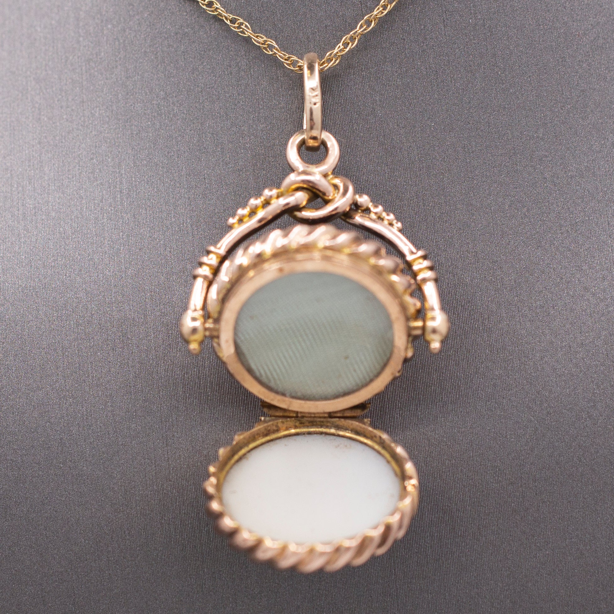 Antique Victorian Spinning Pressed Glass Cameo and Onyx Locket in 14k Rose Gold