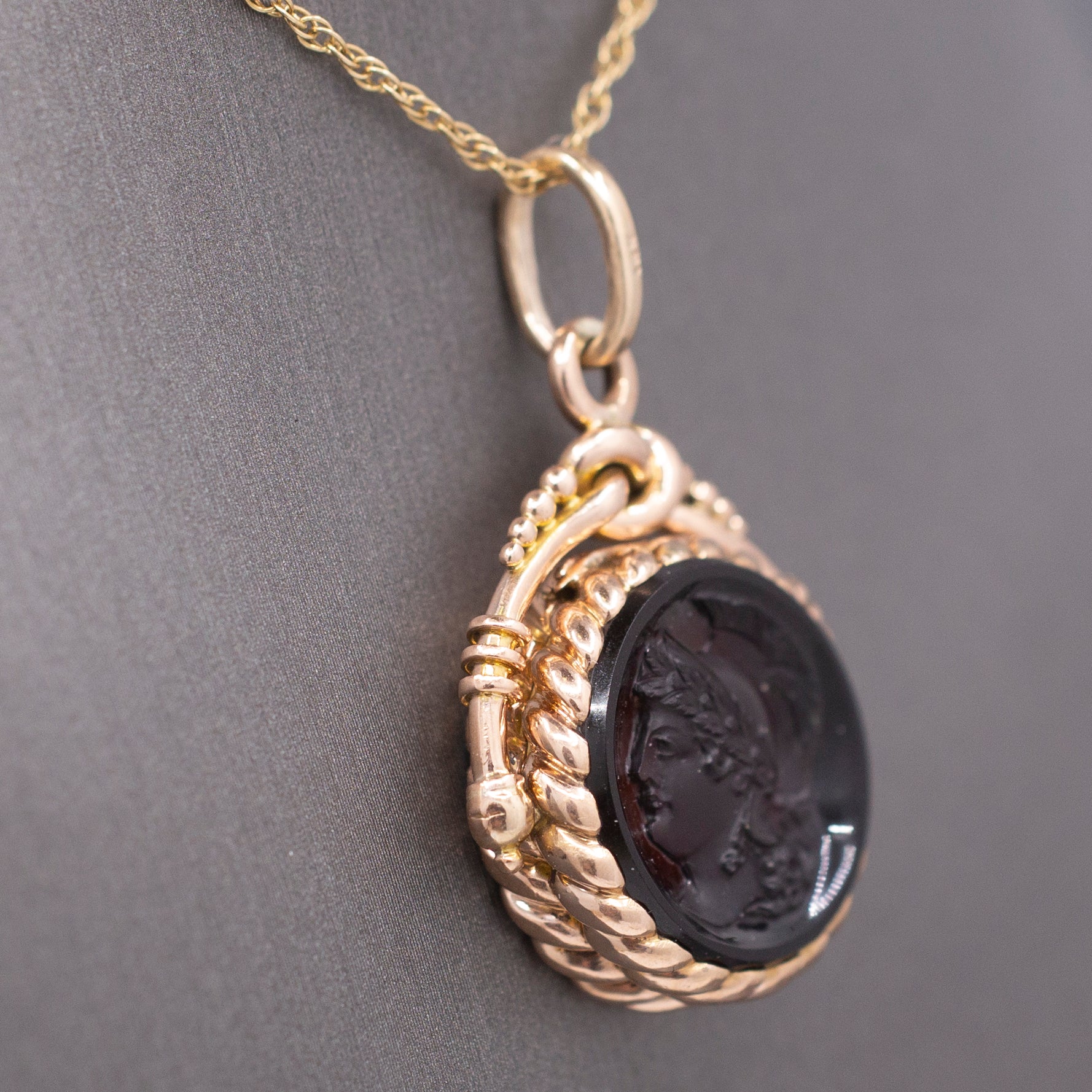Antique Victorian Spinning Pressed Glass Cameo and Onyx Locket in 14k Rose Gold