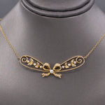 Antique Art Nouveau Seed Pearl Ribbon Bow Necklace in 14k Yellow Gold