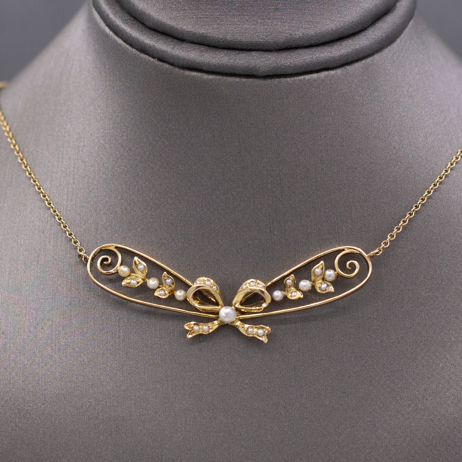 Antique Art Nouveau Seed Pearl Ribbon Bow Necklace in 14k Yellow Gold