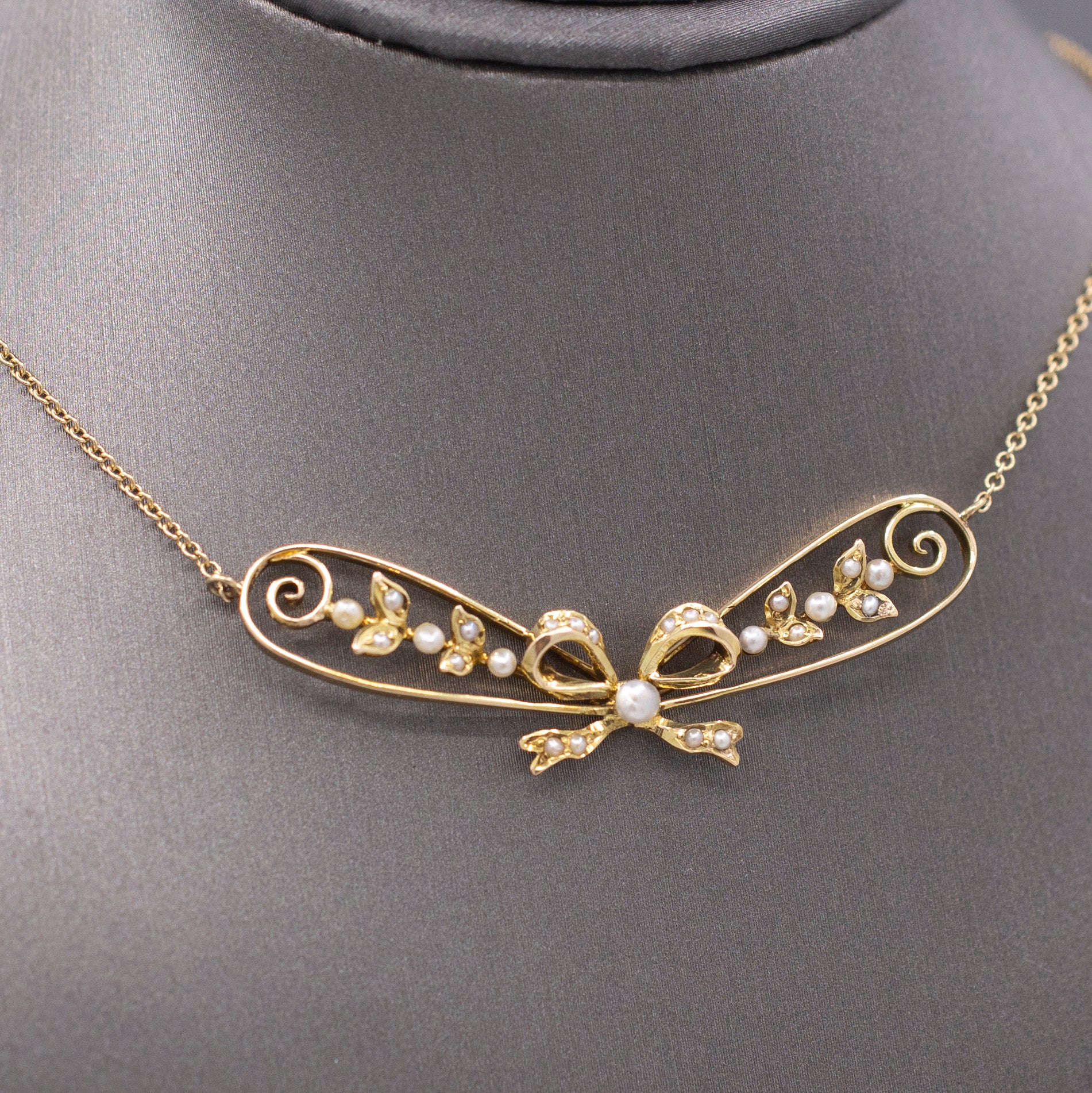 Antique Art Nouveau Seed Pearl Ribbon Bow Necklace in 14k Yellow Gold