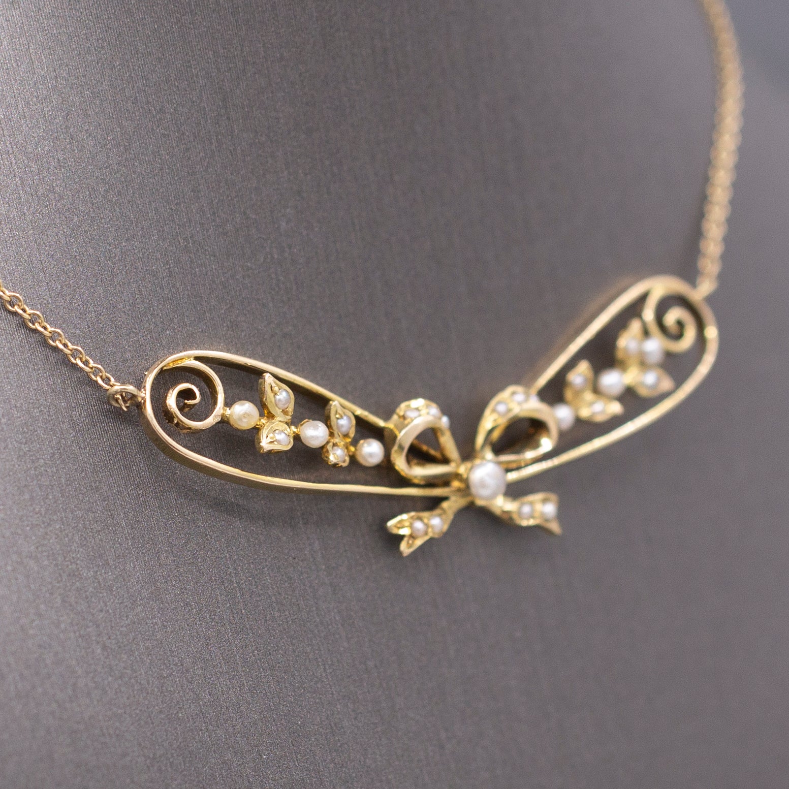 Antique Art Nouveau Seed Pearl Ribbon Bow Necklace in 14k Yellow Gold