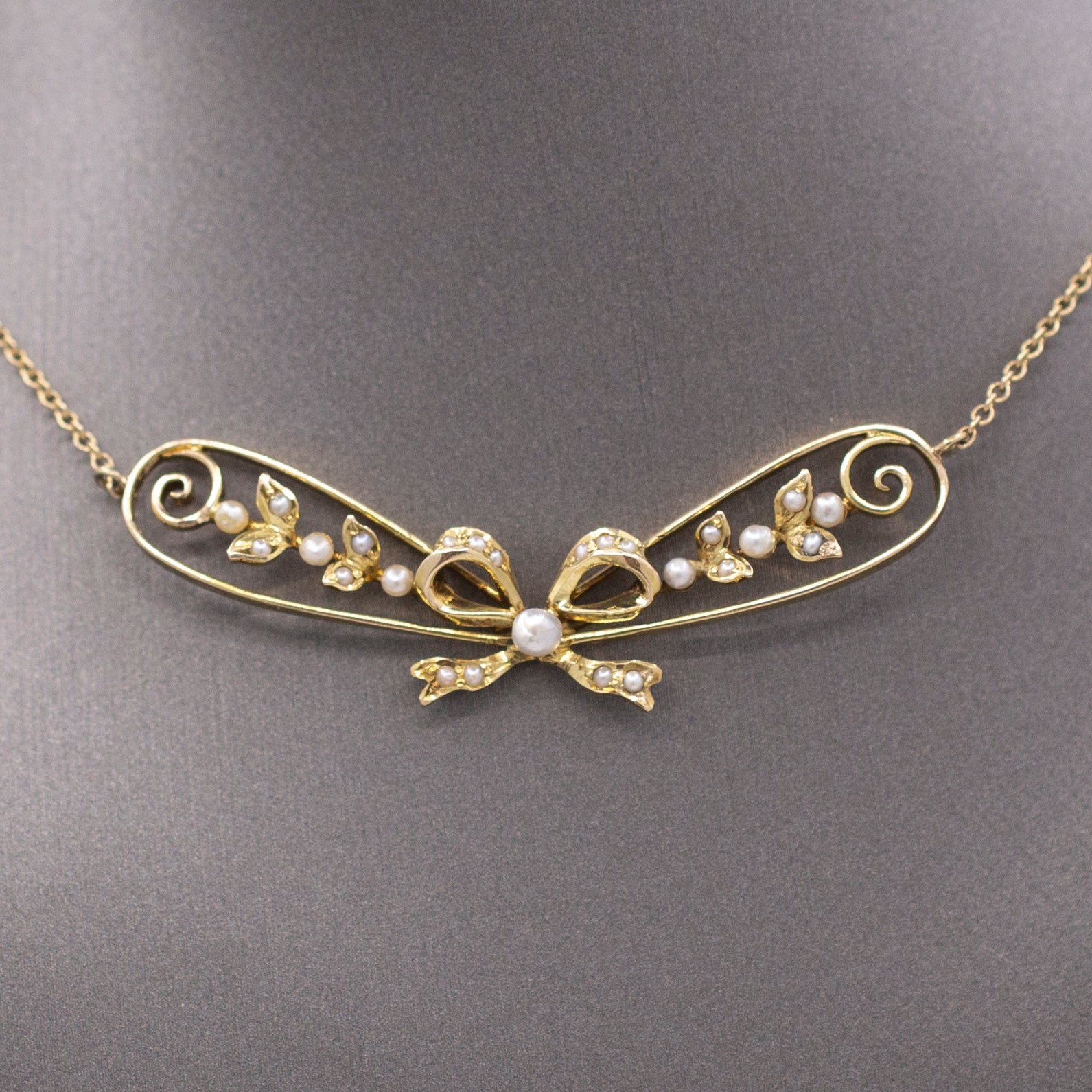 Antique Art Nouveau Seed Pearl Ribbon Bow Necklace in 14k Yellow Gold