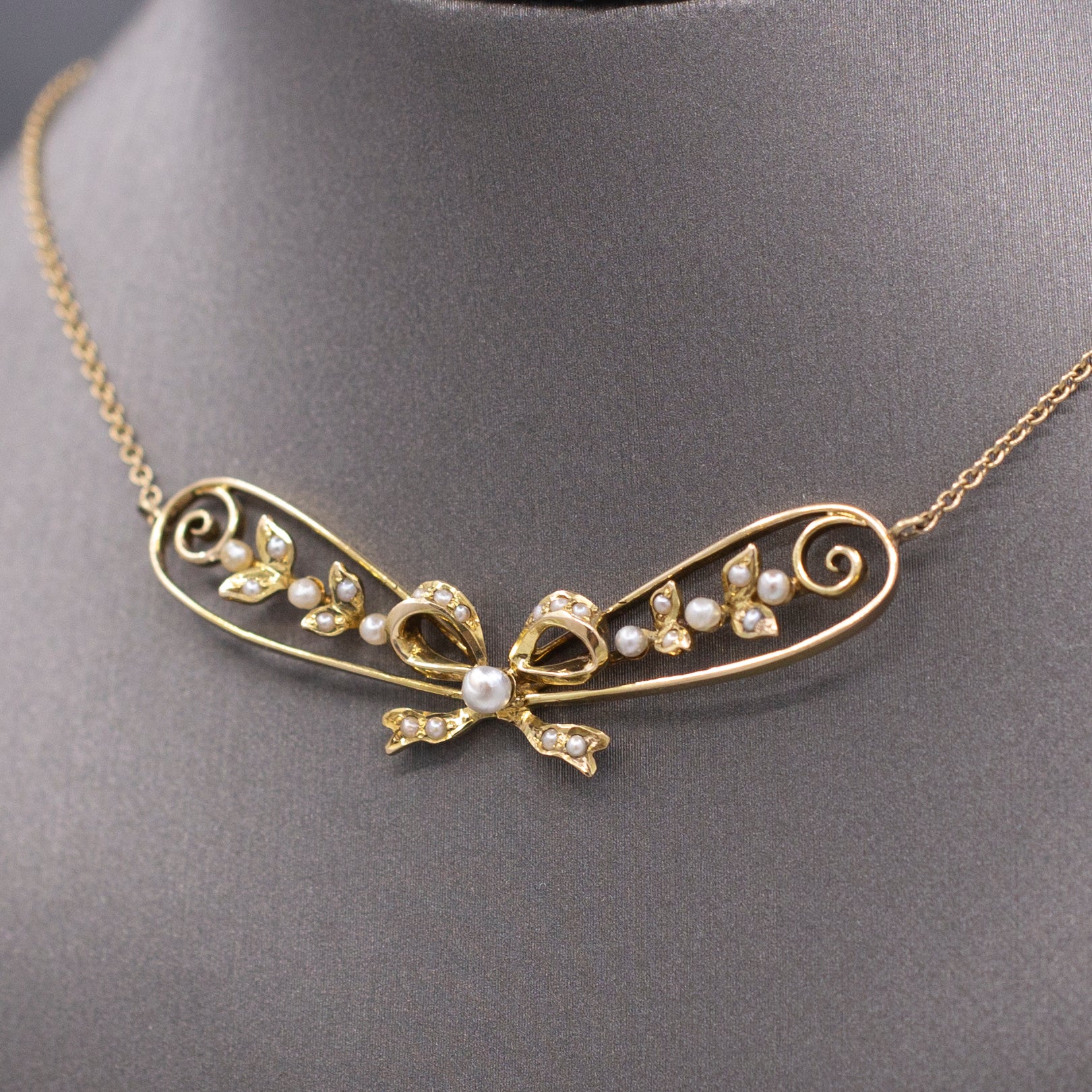 Antique Art Nouveau Seed Pearl Ribbon Bow Necklace in 14k Yellow Gold