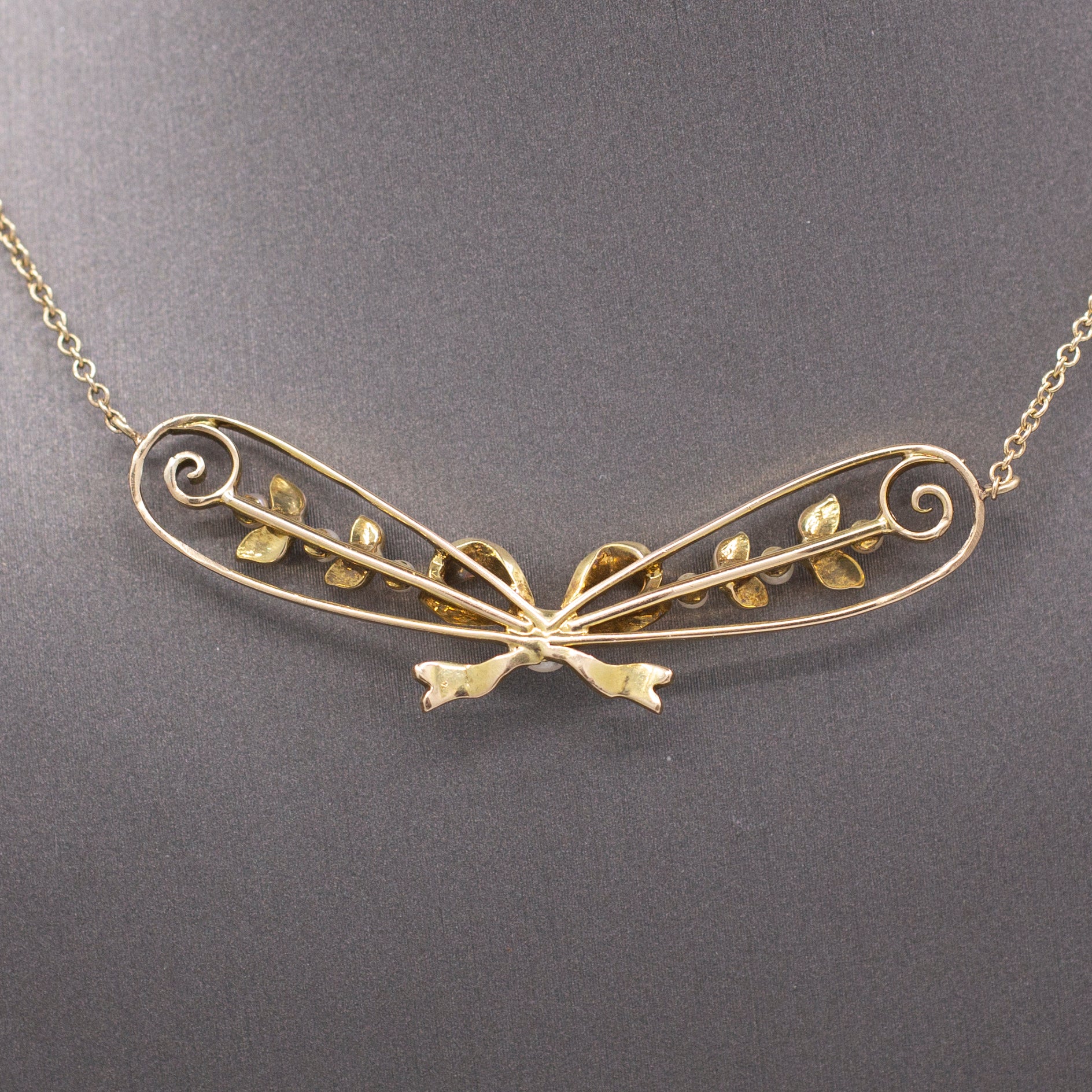 Antique Art Nouveau Seed Pearl Ribbon Bow Necklace in 14k Yellow Gold