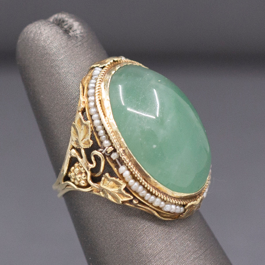 Antique Art Nouveau Jade and Pearl Leaf and Vine Ring in 14k Yellow Gold